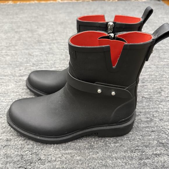 Rag & Bone Moto Rubber Rain Boots Women US 7.5 38 Black Red Lining Ankle Booties - Picture 13 of 13